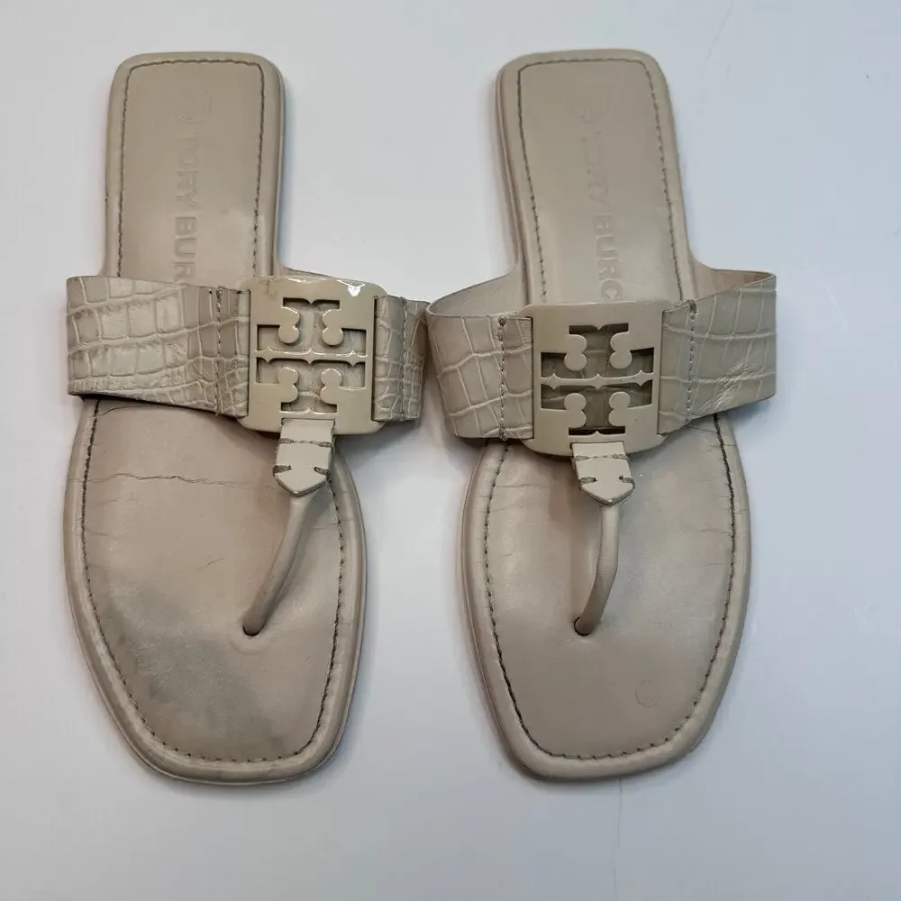Tory Burch Georgia Croc Embossed Cream Sandals